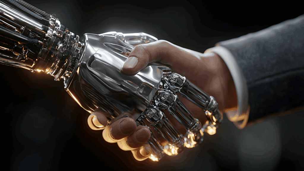 Robotic hand shaking with human hand, showcasing technology and automation solutions from Skills Alliance Enterprise.
